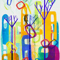 Cities and Trees 5, 11x16 image on 19 x 23 1/2 paper.  Oil Monoprint with Stencils.