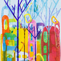 Cities and Trees 11, 11x16 image on 19 x 23 1/2 paper.  Oil Monoprint with Stencils.