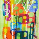 Cities and Trees 19, 11x16 image on 19 x 23 1/2 paper.  Oil Monoprint with Stencils.