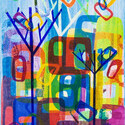 Cities and Trees 22, 11x16 image on 19 x 23 1/2 paper.  Oil Monoprint with Stencils.